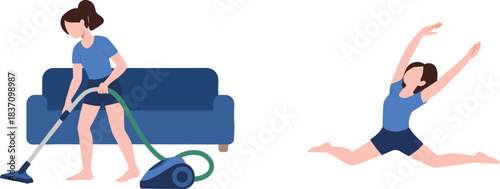 Woman vacuuming the living room and performing stretching exercise in modern flat vector illustration of daily home activities