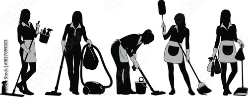 Silhouette collection of female cleaners performing housekeeping tasks with cleaning tools and equipment in detailed vector illustration