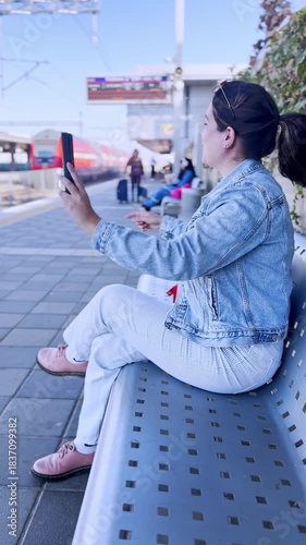 Woman Showing the Arriving Train During a Video Chat