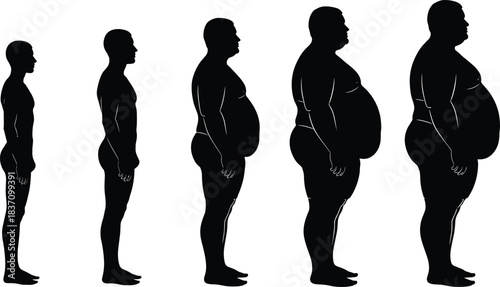 Black vector silhouette set showing male body weight progression from thin to obese, illustrating human physical change, diet concepts, health issues, and medical examination graphics.