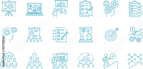 Collection of blue line art icons representing business meetings presentations training and collaboration concepts