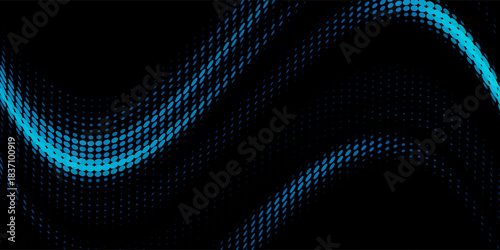 Glowing blue dotted wallpaper. Abstract curved and rounded dotted square texture. Circle halftone pattern background. Dark background for technology and business.