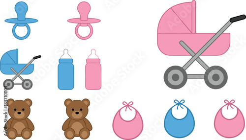 Baby, items, pacifier, stroller, bottle, bib, teddy, cartoon, pink, blue, infant, newborn, care, gender, boy, girl, nursery, cute, soft, playful