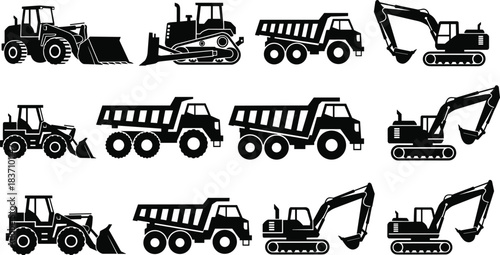 cad drawing flat vector illustration, construction vehicle silhouettes, heavy machinery icons, excavator dump truck loader, black equipment set, industrial