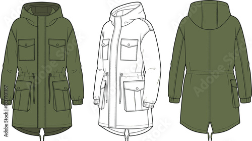 cad drawing flat vector illustration, hooded parka jacket technical sketch, front back side view, fashion design template, garment construction layout**