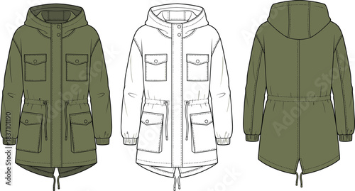 cad drawing flat vector illustration, hooded parka jacket technical sketch, front back view, fashion design template, garment construction layout**