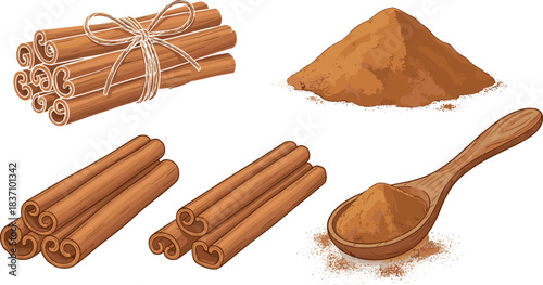 Cinnamon, spice, sticks, powder, ground, aromatic, cooking, baking, seasoning, herbal, natural, organic, ingredient, kitchen, food, flavor, spoon, bundle, rustic, culinary