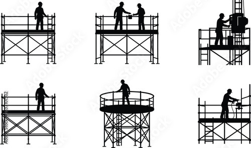 construction worker silhouette, scaffolding platform pose, industrial job scene, black vector illustration, safety gear art, building site activity