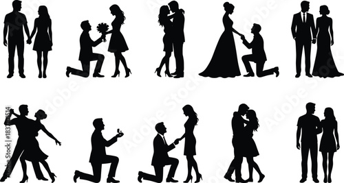 couple, romance, silhouette, love, proposal, kiss, embrace, wedding, dance, relationship, courtship, ck, white, romantic, partner, scene, moment – vector illustration