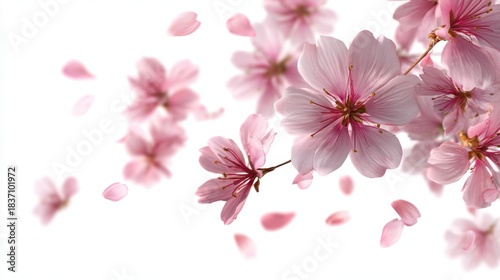 Cherry blossoms flutter down in the spring air creating a display of soft pink petals against a light background celebrating the season's arrival.