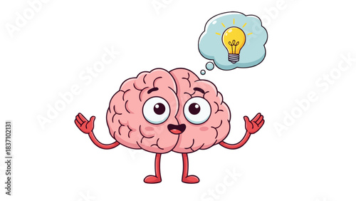 Cartoon Brain Character with Lightbulb Idea Symbol Overhead in Thought Bubble on Black Background Expressing Confusion and Eureka Moment