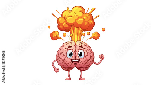 Cartoon Brain Exploding With Orange Smoke And Fire Against A Black Background Representing A Mental Overload Or Eureka Moment