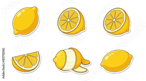 Fresh yellow lemons isolated on black background in various stages