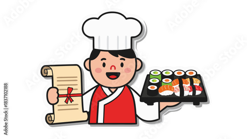Cartoon Chef Character Holding Sushi Platter And Scroll Document Illustration