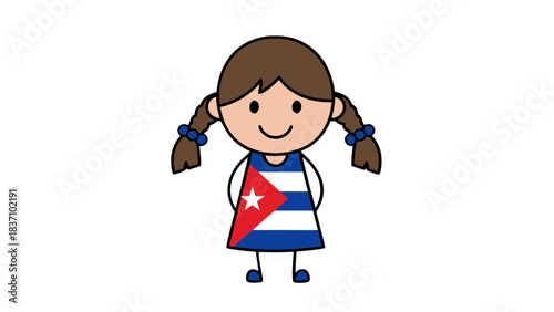 Cartoon Cuban Girl With Pigtails Wearing Dress Featuring Cuban Flag Design And Blue Hair Ties Against Black Background Simple Illustration