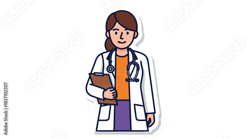 Cartoon Female Doctor in White Coat with Stethoscope and Clipboard Holding Medical Chart in Chest Area Wearing Purple Skirt and Orange Top on White Background Representing Healthcare Profession