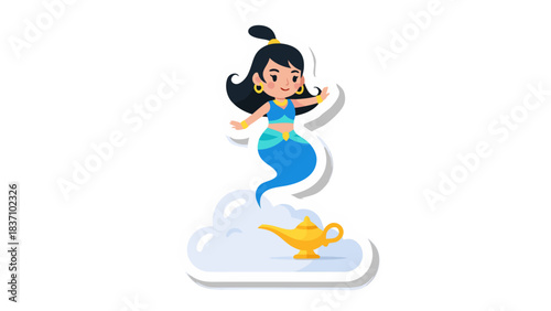 Cartoon Genie Emerges from Magic Lamp on a Cloud Wearing Blue Outfit and Gold Jewelry