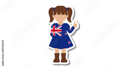 Cartoon Girl Wearing a Blue Dress with the New Zealand Flag Emblem Giving a Thumbs Up Gesture Isolated on a Black Background Detailed Vector Illustration