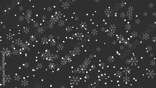 Realistic falling snow and ice crystal flakes overlay pattern on transparent background for festive winter design projects