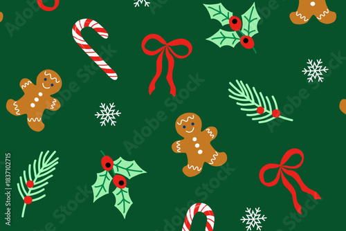 Seamless vector pattern on deep green background features cheerful gingerbread men, candy canes, holly leaves with red berries, fir branches, red bows, and snowflakes scattered playfully.