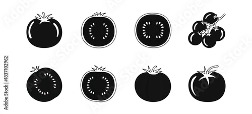 Tomato illustrations in various forms against dark backdrop