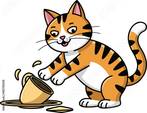 Cute Cartoon Cat Spilling Coffee Cup Vector