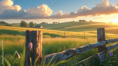 Fototapeta Naklejka Na Ścianę i Meble -  A countryside meadow at sunset, with rolling hills covered in tall, swaying grass that stretches towards the horizon, warm golden sunlight casting long shadows, a weathered wooden fence.