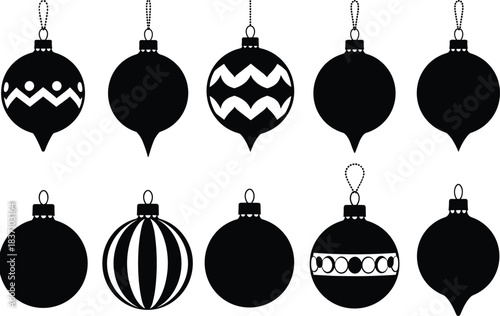 Set of ten Christmas hanging ornament black silhouette icons, featuring various decorative balls, teardrop shapes, and striped patterns, perfect for holiday greeting card design and winter season gr
