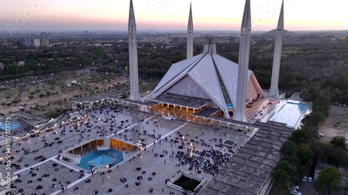Faisal Masjid in Islamabad at twilight Prayers gathered in largest Mosque in Pakistan to eat Iftari, Ramazan, Aerial