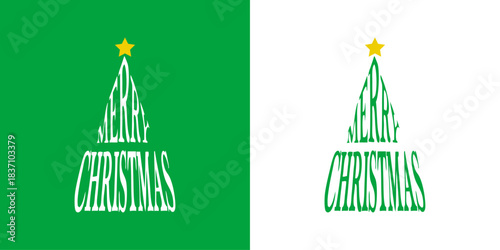 Logo con texto Merry Christmas como árbol de navidad con forma de triángulo sencillo y estrella