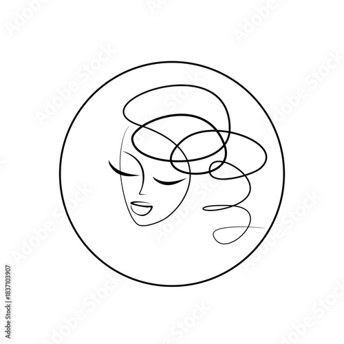 Beauty logo for a beauty salon. Female portrait, curly hairstyle. Haircut style icon. Face of a young woman with an elegant hairstyle.