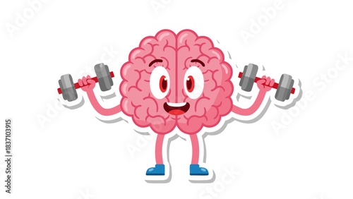 Cartoon Pink Brain Character Lifting Dumbbells With Red Eyes and Blue Shoes Engaging in Fitness Exercise in a Gym Setting