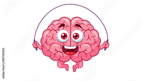 Cartoon Pink Brain Character Joyfully Jumping Rope With a Smile on Its Face and Wide Red Eyes Against a Black Background Pixel Art Style