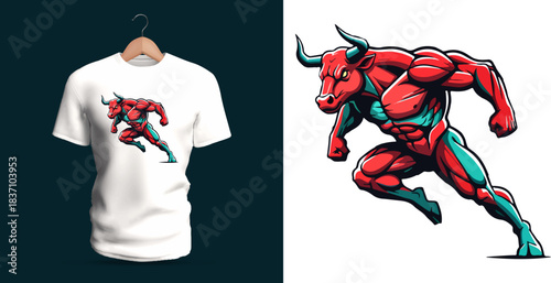 Dynamic Muscular Bull Character Vector Illustration in Action Pose – Powerful Anthropomorphic Animal Fighter Artwork Featuring Bold Colors, Heroic Anatomy, and Energetic Movement – Perfect for Sportsw
