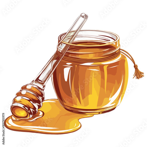 Hand drawn illustration of a glass jar filled with golden honey and a wooden dipper isolated on white background