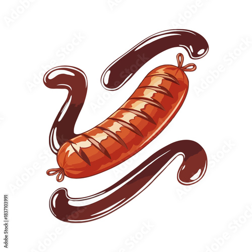 Delicious grilled sausage with rich dark sauce artfully drizzled around it isolated on white background