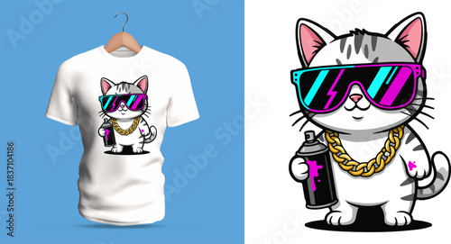Trendy Cool Cat Vector Illustration with Sunglasses, Gold Chain, and Spray Paint Can – Street-Art Inspired Graffiti Style Character Perfect for Urban T-Shirt Designs, Youth Fashion, Hip-Hop Apparel