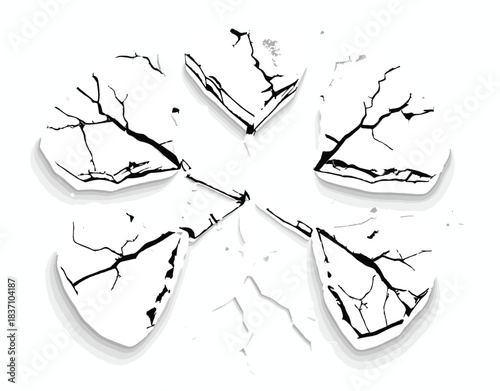 Graphic illustration of a fractured pentagonal shape, its cracked segments symbolizing disruption, instability, and a breaking point in complex systems