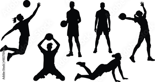 Volleyball player silhouette, dynamic action vector, sports icon illustration, athletic pose design, cad drawing flat vector illustration