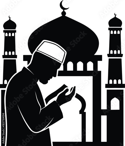 Silhouette of pious Muslim man standing in supplication (Du'a) with raised hands and kufi cap against a beautiful mosque and crescent moon, symbolizing deep Islamic faith and devotion during Ramadan.