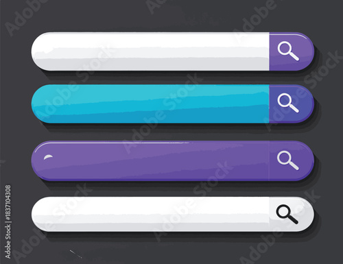 Collection of four colorful and stylish search bar interfaces for websites and applications, featuring magnifying glass icons