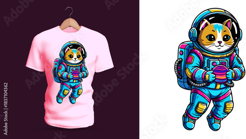 Colorful Astronaut Cat Vector Illustration in Vibrant Space Suit – Cute Sci-Fi Feline Character Floating in Zero Gravity, Designed for Trendy T-Shirt Prints, Youth Streetwear, Cosmic Fantasy Apparel,