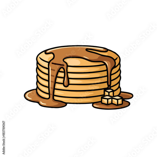 Delicious stack of golden brown pancakes generously drizzled with sweet maple syrup and topped with butter cubes isolated on white background