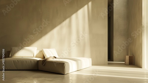 A photo of a minimalist sofa in a light-colored living room.