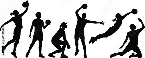 Ball sport silhouette, athletic motion vector, dynamic player icon, throwing and jumping pose, cad drawing flat vector illustration