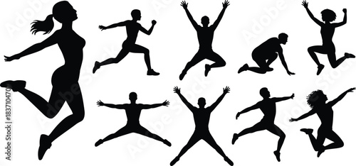 Jumping and running silhouette, athletic motion vector, fitness action icon, sports movement illustration, cad drawing flat vector illustration