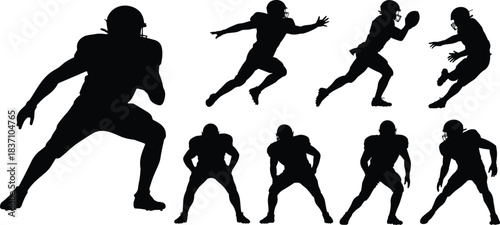 American football player silhouette, dynamic action vector, sports icon illustration, helmet athlete pose, cad drawing flat vector illustration