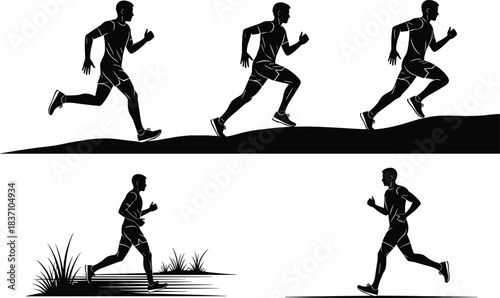 Runner silhouette vector set, male athlete running sequence, outdoor fitness training motion, marathon jogging action poses, isolated sport illustration