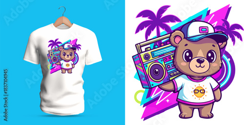 Cool Summer Bear Vector Illustration Holding a Retro Boombox with Palm Trees and Neon Elements – Fun Tropical Cartoon Character Perfect for Trendy T-Shirt Prints, Urban Beachwear Fashion