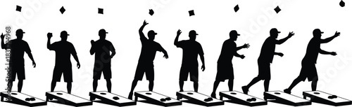 Silhouette cornhole toss sequence showing man throwing beanbags on boards, outdoor backyard game concept, competitive leisure sport activity people vector